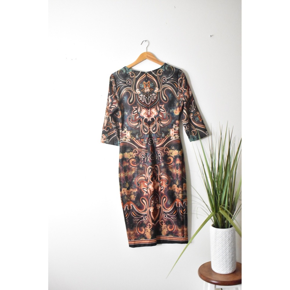 ECI New York Sheath Dress Womens 8 Black Paisley Floral 3/4 Sleeve Knee Length - Picture 8 of 10